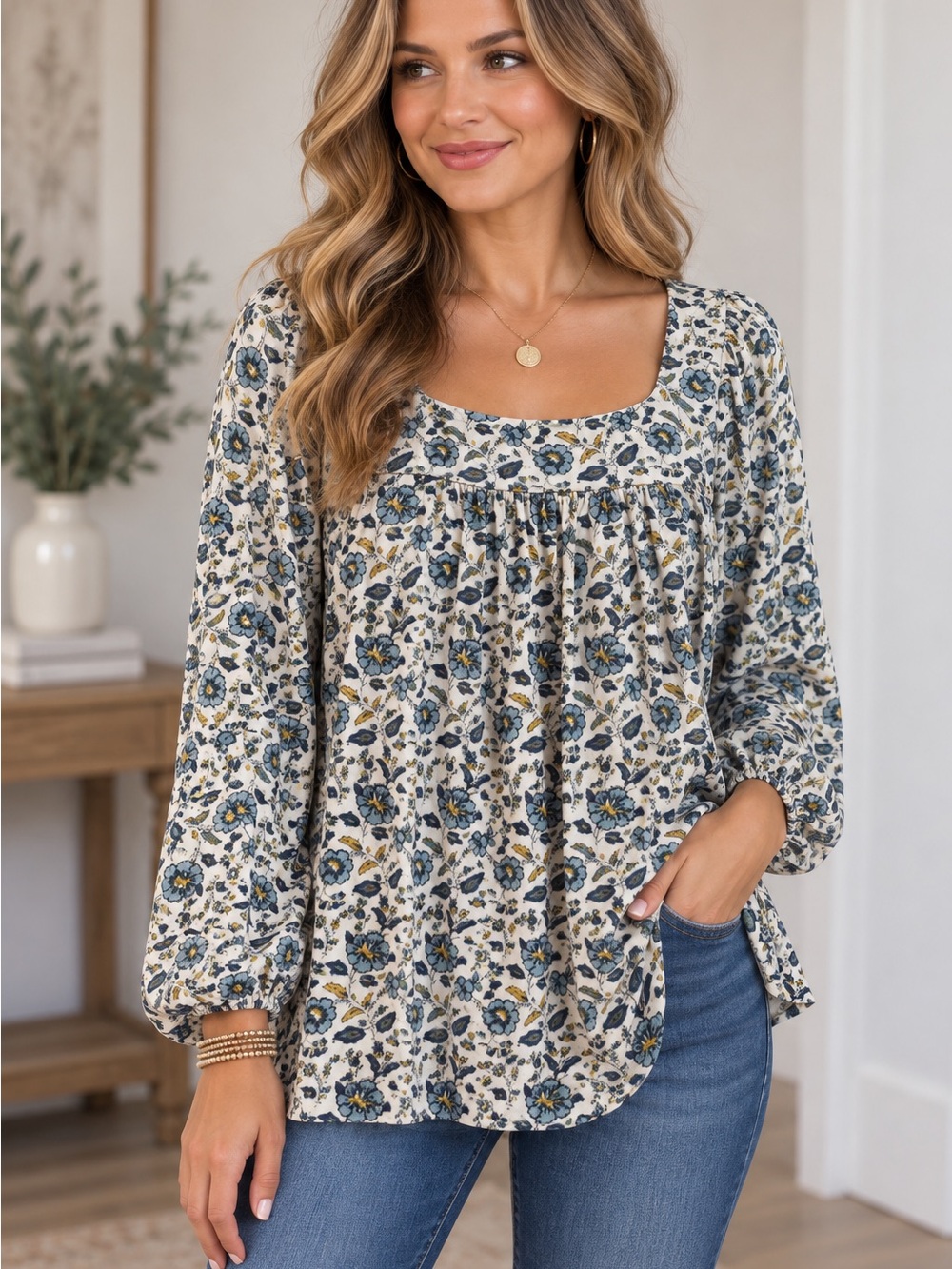Lucky Brand M Floral Square Neck Babydoll Top Blue Cream Long Sleeve Boho Praire